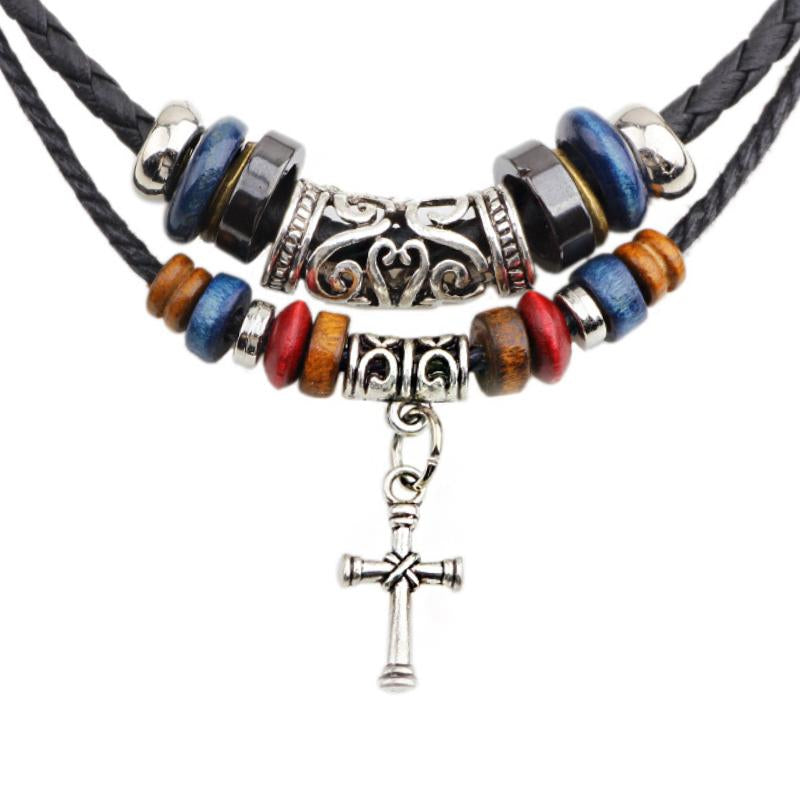 Vintage Ethnic Cross Necklace – Tribal Beaded Pendant